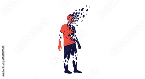A stylized illustration depicts a man disintegrating into particles, symbolizing loss of identity, mental breakdown, or fading memory, with a somber tone.