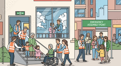 People evacuating building and gathering at an emergency assembly point, with some individuals requiring assistance