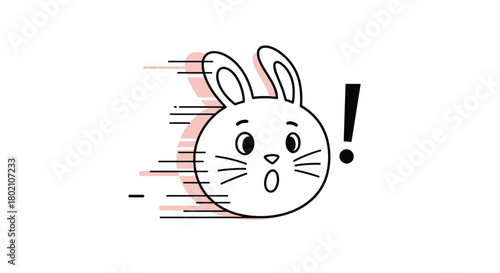 A cute cartoon rabbit face is depicted in a dynamic pose, suggesting speed and urgency with motion lines and an exclamation point.