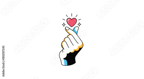 A stylized illustration depicts a hand gesture forming a heart shape with a glowing red heart floating above, symbolizing love and affection.