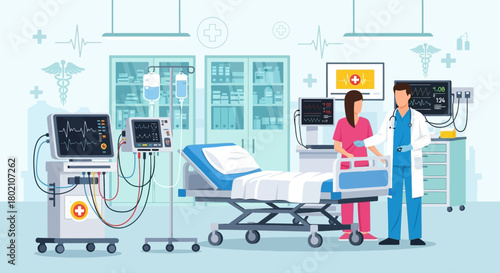 Medical professionals in hospital room with advanced patient care equipment, including bed, monitors, and iv drip