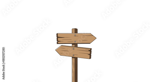 A rustic wooden directional signpost with two arrows pointing in opposite directions, isolated on a white background.