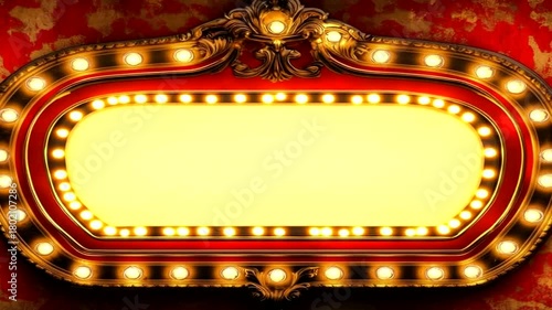 Vintage illuminated marquee sign with empty space for text on a textured red wall