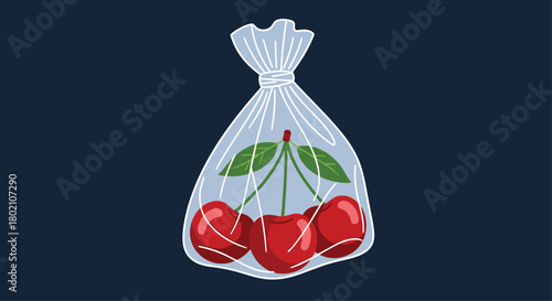 A small bunch of bright red cherries with green stems are contained inside a clear plastic bag, set against a dark navy blue background.