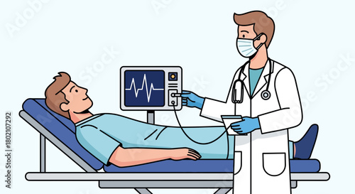 Doctor examining patient on hospital bed with vital signs monitor, illustrating medical checkup and healthcare