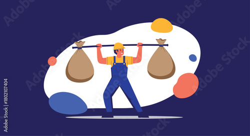 A cheerful worker balances heavy sacks on a carrying pole, symbolizing hard work, labor, and the burden of responsibility in a stylized illustration.