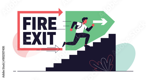 A man urgently runs up stairs toward a glowing fire exit sign, illustrating emergency evacuation and safety procedures in a building.