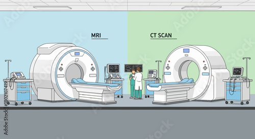 Comparing mri and ct scan machines in medical setting, with medical professionals present, highlighting advanced diagnostic imaging technology