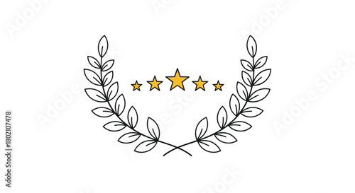 Elegant laurel wreath encircles five golden stars, symbolizing achievement, excellence, and top ratings in a minimalist line art style.