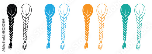 Hair Braided Silhouette icon set. There's a bun, a braid a loose wavy hairstyle. long female fashion plait. Vector of human hair in ribbon isolated on transparent background