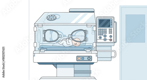 Neonatal intensive care unit nicu incubator with baby inside, featuring monitoring equipment and controls for premature infant care