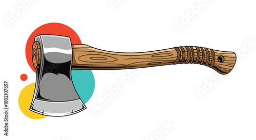 Detailed illustration of a vintage wood-handled axe with a polished steel head, set against a colorful abstract background, perfect for rustic designs.