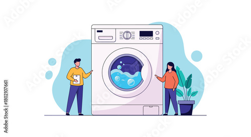 Two people inspect a modern front-loading washing machine, possibly a technician and homeowner, assessing its functionality and condition for repair or maintenance.