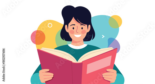 A cheerful young woman is engrossed in reading a book, surrounded by colorful abstract shapes, representing learning and imagination.