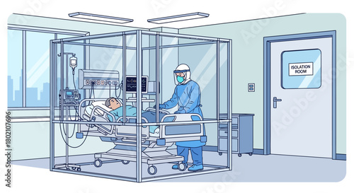 Healthcare worker in full protective gear attends to patient in an isolation room, highlighting the measures taken to prevent the spread infectious diseases in hospital setting