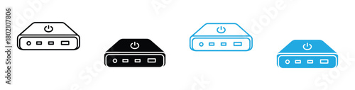 Sleek network device icons for modern tech interfaces, a streamlined collection of routers and modems in simple black and blue, essential for web design and app development