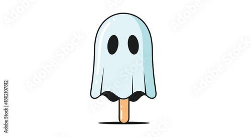 A charming cartoon illustration depicts a ghost shaped like a popsicle, complete with a wooden stick and simple black eyes, evoking a playful and spooky vibe.