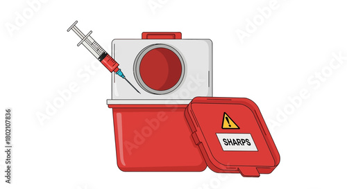 Red sharps container with syringe and biohazard symbol, isolated on