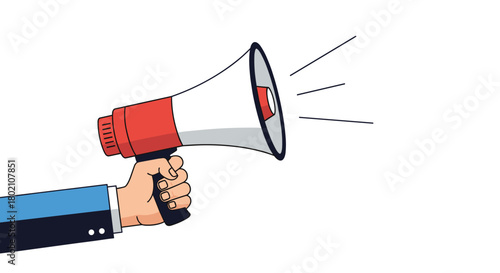 A hand holding a red and white megaphone with sound waves emanating from the speaker, representing announcement or communication.