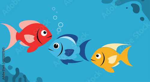 Colorful cartoon illustration of three fish swimming together in a blue ocean, with bubbles rising around them, depicting friendship and marine life.