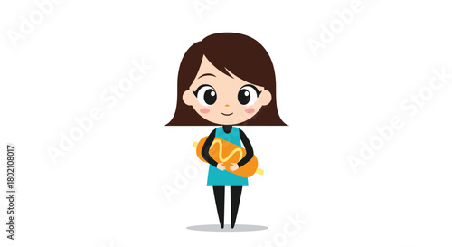 Adorable cartoon girl happily holding a large hot dog with yellow mustard, showcasing a playful and cheerful illustration perfect for food-related themes.