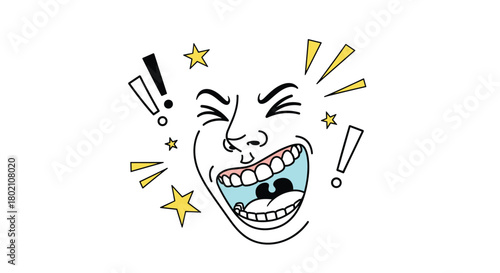 Cartoon illustration of a face with an open mouth laughing hysterically, surrounded by stars and exclamation points, conveying extreme joy and excitement.