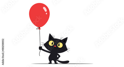 A cheerful black cat stands holding the string of a bright red balloon, looking up with a happy expression, creating a playful and whimsical scene.