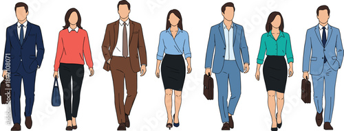 20-Word Title: Group of diverse business people walking forward, collection of men and women in formal office suits, professional colleagues commuting, flat vector illustration.