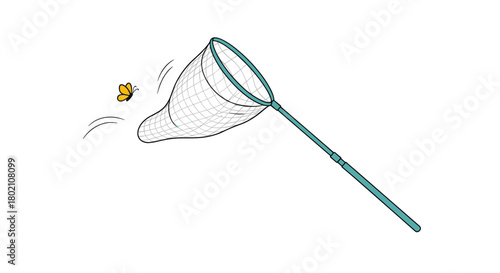 A whimsical illustration depicts a yellow butterfly narrowly evading a teal butterfly net, suggesting a playful chase in a garden or outdoor setting.