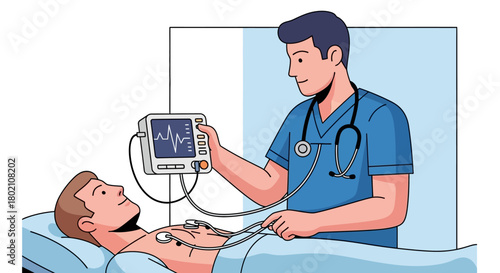 Doctor wearing stethoscope checks patients vital signs using heart monitor, illustrating medical examination and patient care