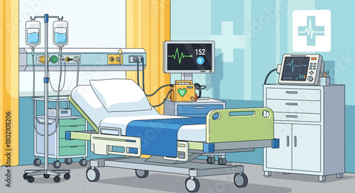 Hospital room with patient bed, medical equipment, and monitor displaying vital signs, representing healthcare and medical treatment