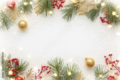 Shiny gold ornaments and pine branches frame a bright festive snow background beautifully