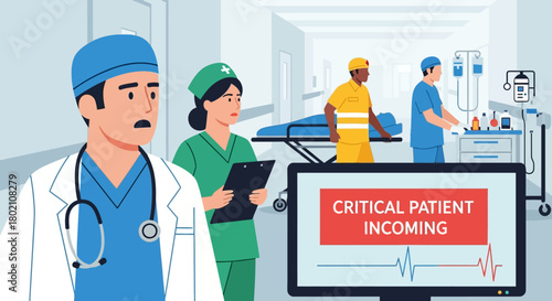 Doctor and nurses in hospital corridor with monitor displaying critical patient incoming, indicating serious medical emergency and preparedness
