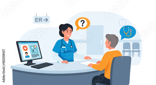 doctor, nurse, patient, consultation, desk, er, emergency, room