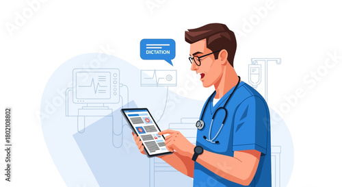 Doctor using tablet computer in hospital setting, with medical equipment and charts in the, isolated on