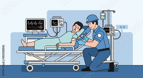 Paramedic administering medical treatment to patient on stretcher with medical equipment in hospital setting, illustrating emergency medical care and patient support