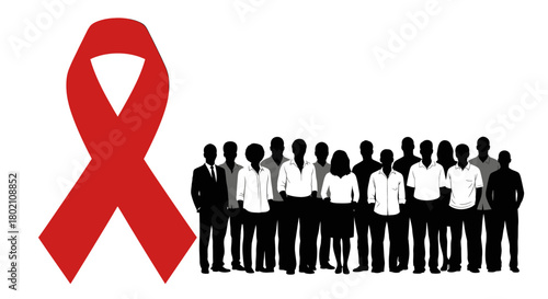 Red ribbon symbol for AIDS awareness next to a diverse group of people silhouettes, representing community support and global health.
