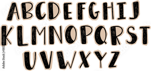 Paper cut out alphabet letters with crayon scribbles. Torn scrapbook font. Vintage funky scrapbook alphabet. Vector magazine alphabet with cut out letters from newspaper on different piece of paper.