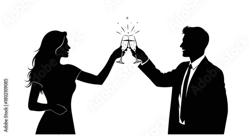 Silhouettes of a man and woman toasting with champagne glasses, celebrating an event.