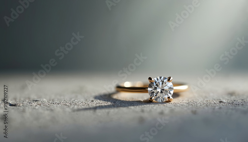 Gold engagement ring with large solitaire diamond. Simple band on rough texture surface. Minimalist luxury jewelry symbol. Proposal celebration proposal.