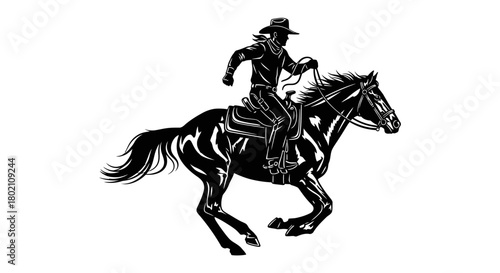 A striking black silhouette of a cowboy riding a horse at a full gallop, depicting speed and action.