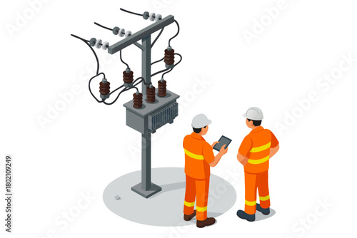 Power engineers inspecting electrical transformer with tablet, ensuring safe power distribution and maintenance