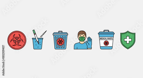Collection medical and biohazard icons including biohazard symbol, medical waste bins, person wearing mask and gloves, and medical cross shield, isolated on