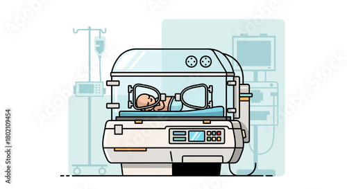 Newborn baby in an incubator in hospital setting with medical equipment like an iv drip and monitor, isolated on