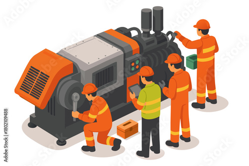 Team of skilled engineers servicing industrial equipment with precision and expertise in modern factory
