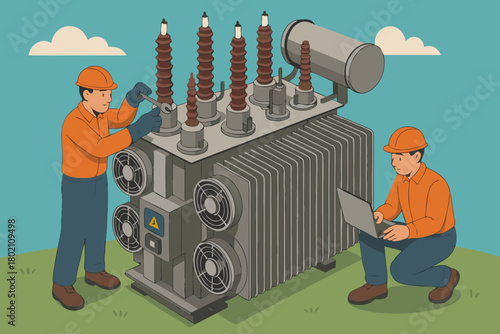 Electrical engineers maintaining a large transformer with laptop and wrench for power grid optimization