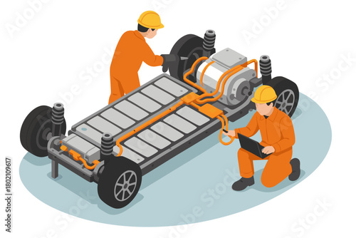 Modern electric vehicle maintenance with engineers inspecting car chassis and battery pack design