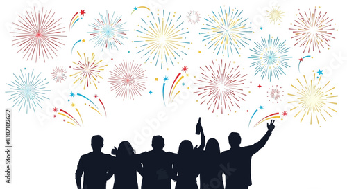 Silhouettes of a diverse group of people celebrating a special occasion with colorful fireworks illuminating the night sky.