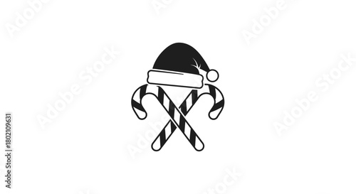 A black and white graphic illustration of two crossed candy canes topped with a Santa hat, symbolizing Christmas and holiday cheer.