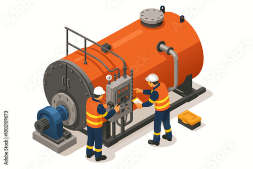 Expert engineers inspecting industrial machinery, ensuring safety protocols and system optimization, modern isometric view